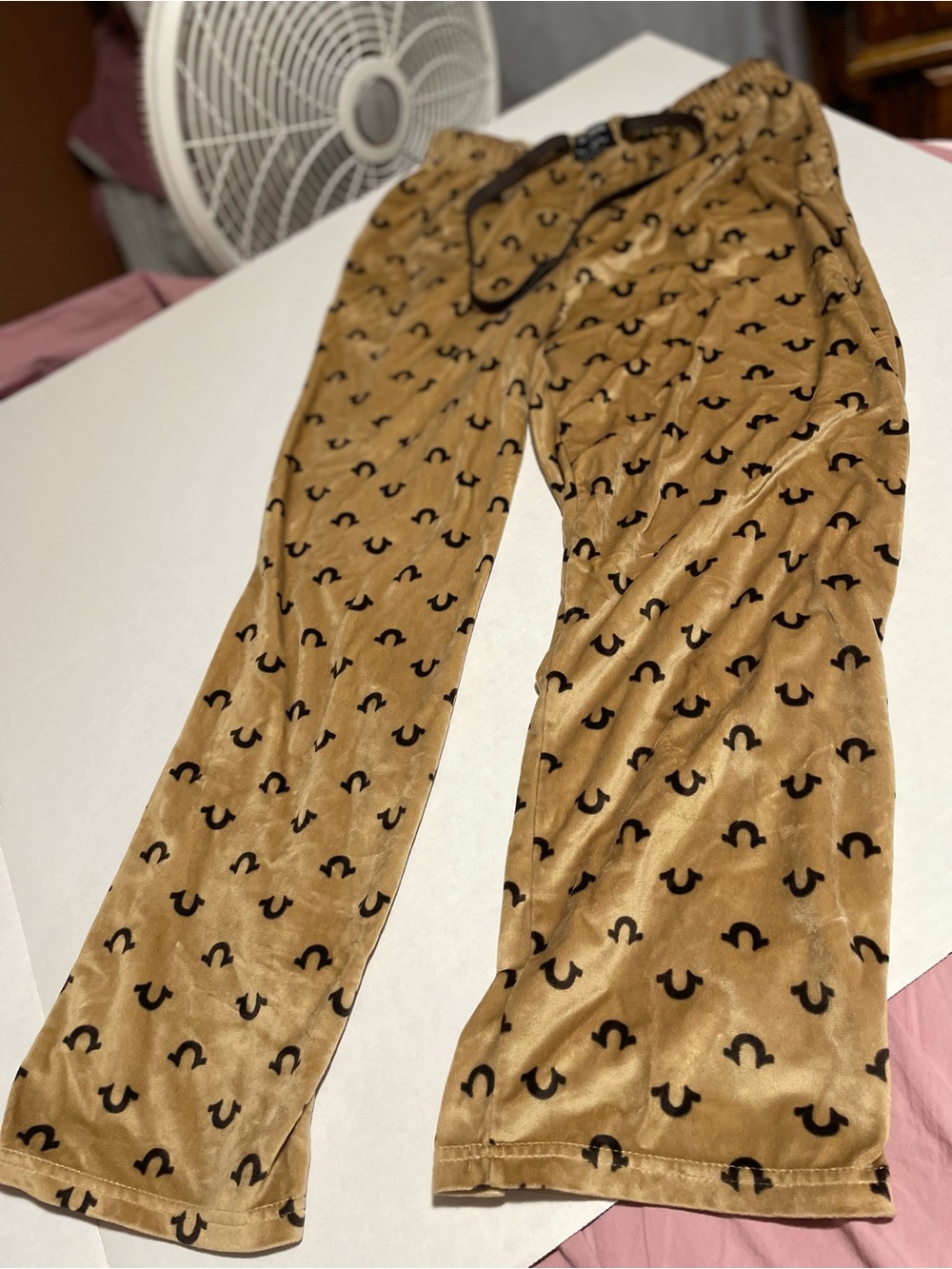 True Religion Tan Velvet Joggers with Black Logo Print